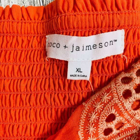 Coco Jaimeson Babydoll Eyelet Mini Dress Size XL Orange Coastal Off Shoulders - Picture 10 of 16